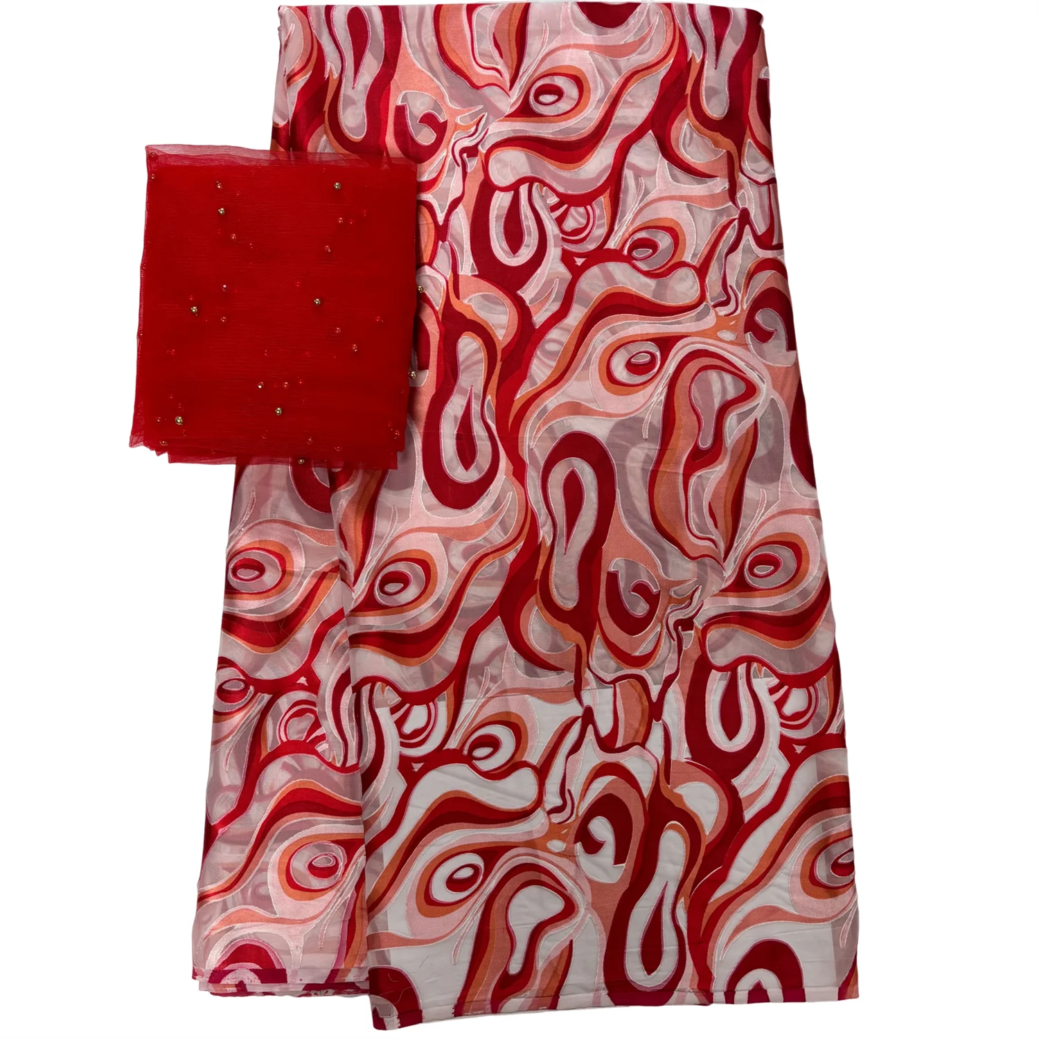 5+2 Yards/Set Fashion Soft African Chiffon Print Satin Silk Fabric Bead Swiss Voile Lace For Party Lady Dress Sewing Material B8