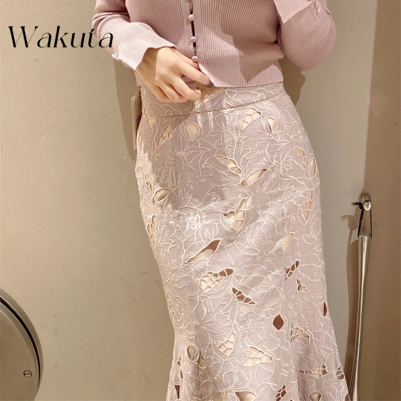 WAKUTA Japanese Spring Sweet Waist Slimming Skirt Retro Ten Thousand Needles Embroidered Lace Wrapping Butt and Fish Tail Skirts