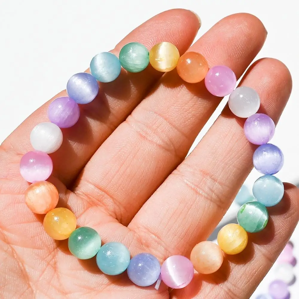 Multicolor Colorful Gypsum Stone Bracelet Selenite Fashion Jewelry Elastic Handchain Round Bead Natural Gypsum Handstring