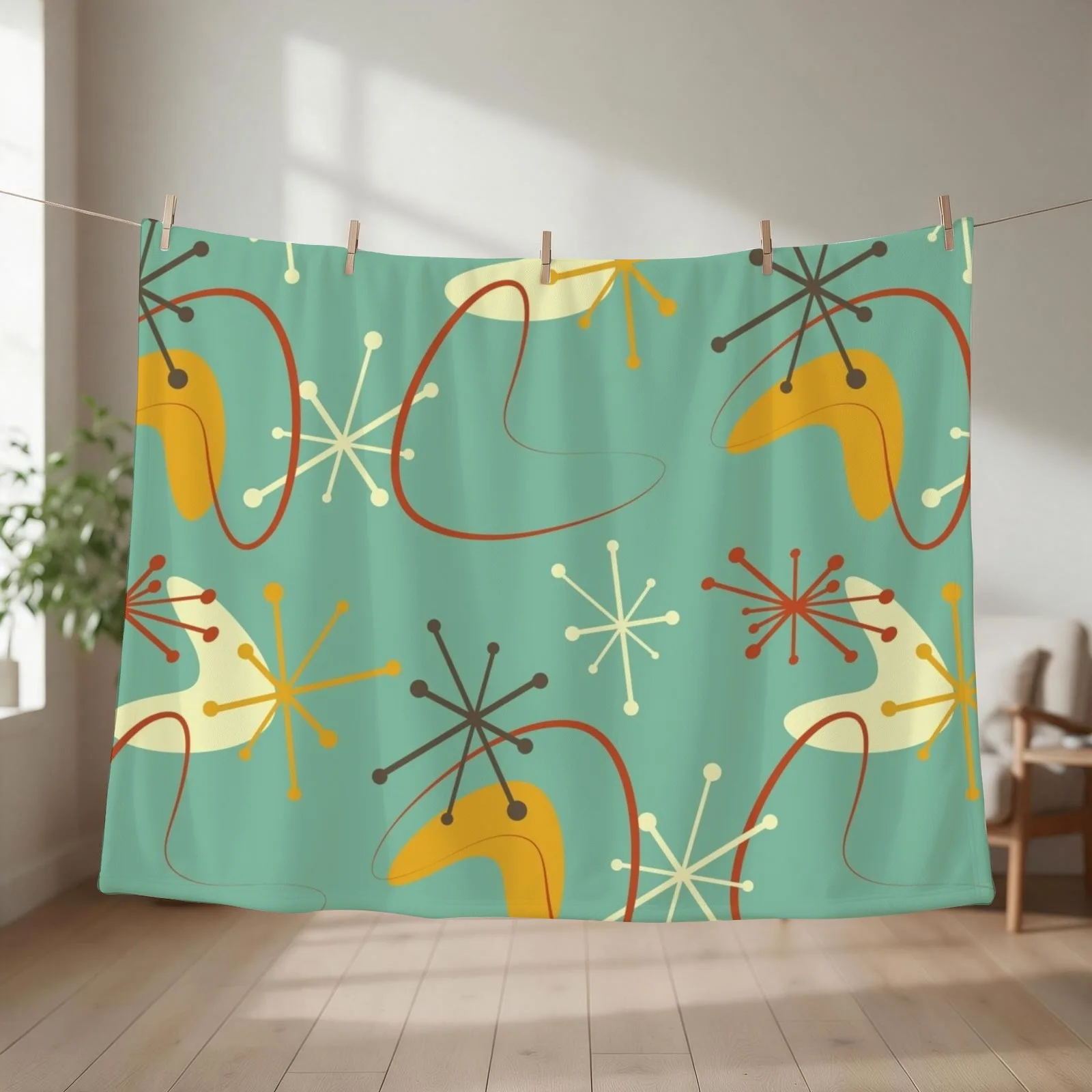 Vintage Retro 1950s Atomic Starburst Boomerangs Green Harvest Gold Rust Throw Blanket