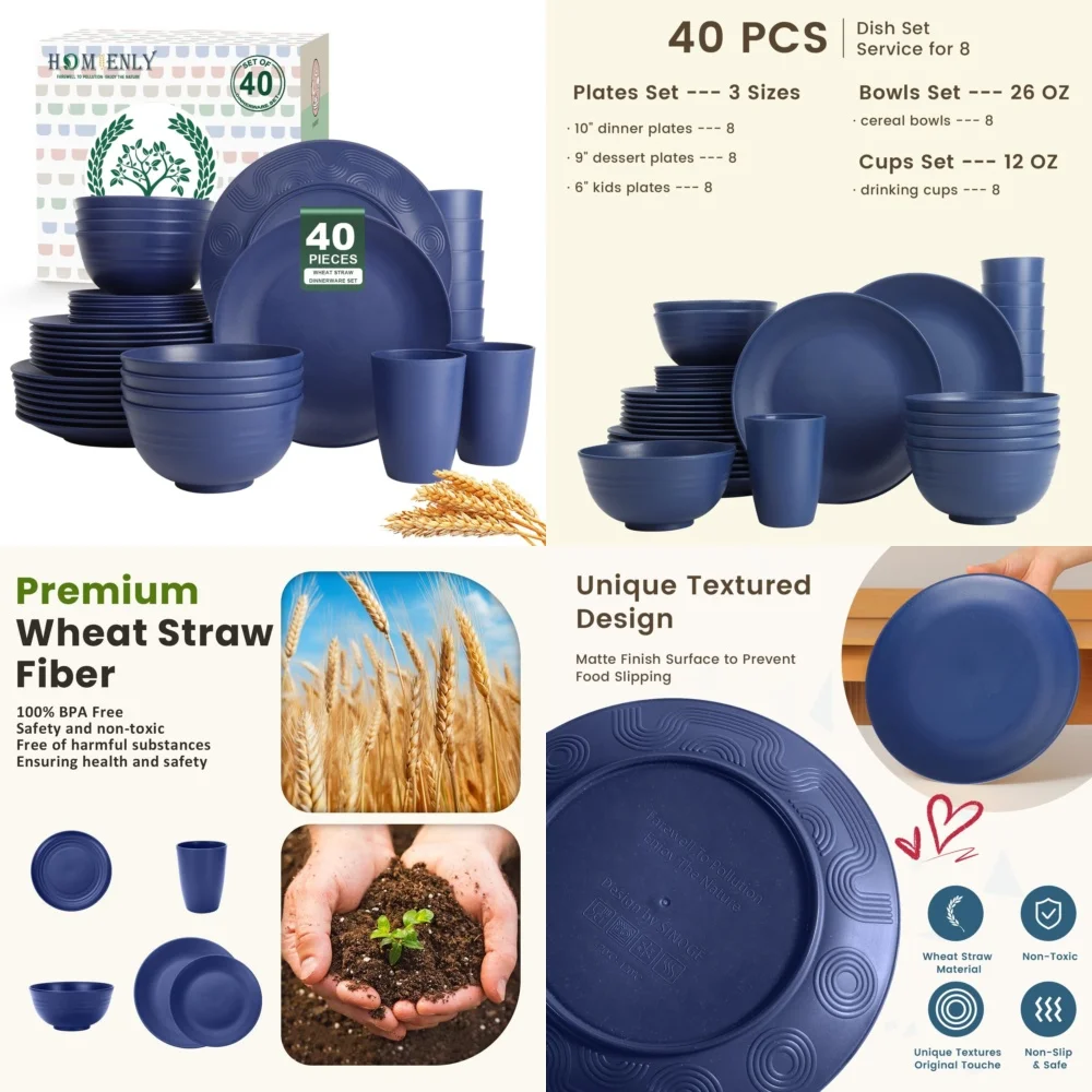 

Ceramic Tableware Set40 PCS Eco Friendly Wheat Straw Dinnerware Set Reusable Plates Bowls Cups Lightweight Durable Tableware for