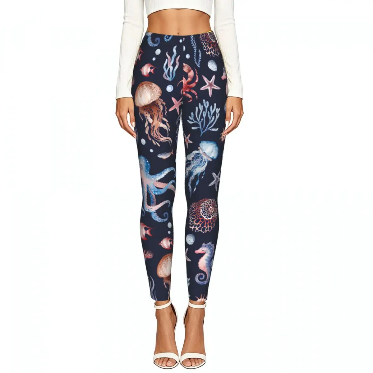 Octopus Jellyfish And Corals Pattern Women Leggings High Waisted Stretch Tights Workout Running Pants