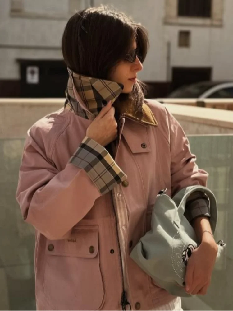 

Pink Plaid Lined Utility Jacket Casual Women's Stand Collar Long Sleeve Loose Outerwear 2026 Trendy Daily Commute Street Leisure