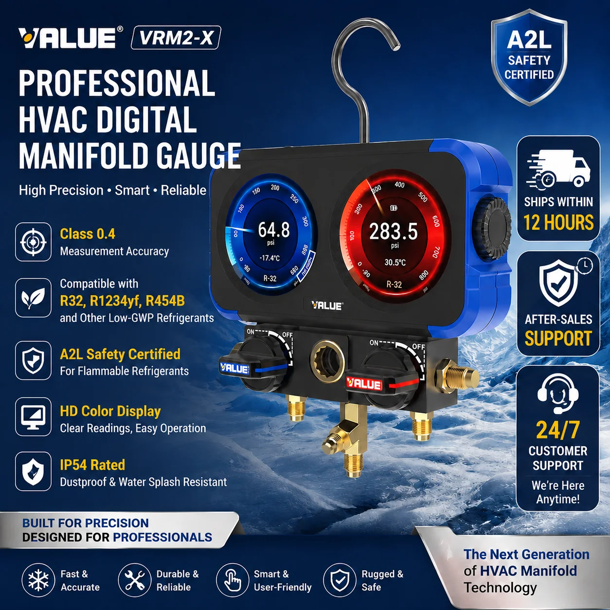 VALUE VRM2-X Digital Manifold Gauge Class 0.4 Accuracy 72 Refrigerants A2L Compatible HVAC AC Refrigeration Repair Tool