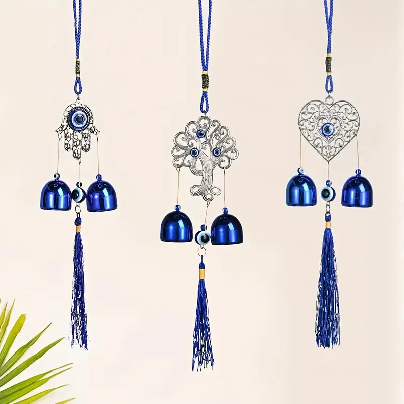 Turkish Blue Eyes Decoration Wall Decor Hanging Bell with Tassel Metal Wind Chime Home Decorations Room Interior Art Middle East