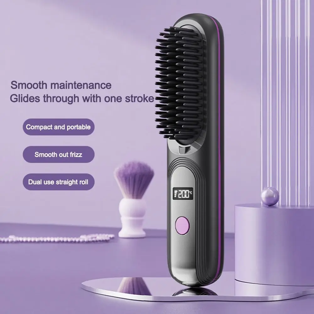 2In1 Hair Sitting Rechargeable Cordless Electric Heating Hair Straightener Brush with 4 Different Temperatures