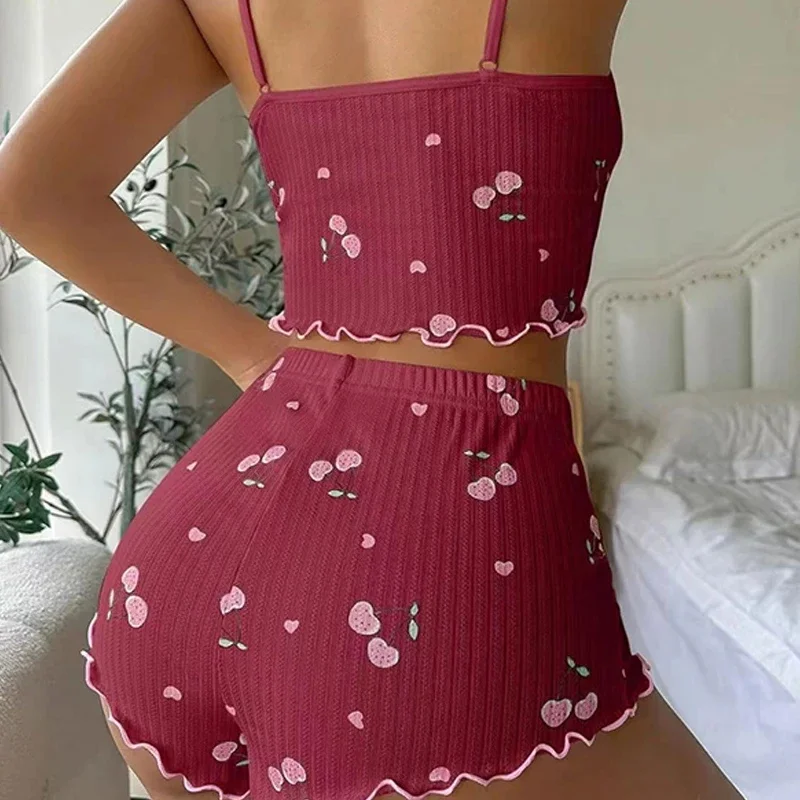 Damen-Schlafanzug-Set für den Sommer mit Herz-Print, Sexy Geripptes Crop-Top mit Schleifendekoration und Rundhalsausschnitt, Rückenfreies Cami-Top & Shorts Nachtwäsche – Detail 13