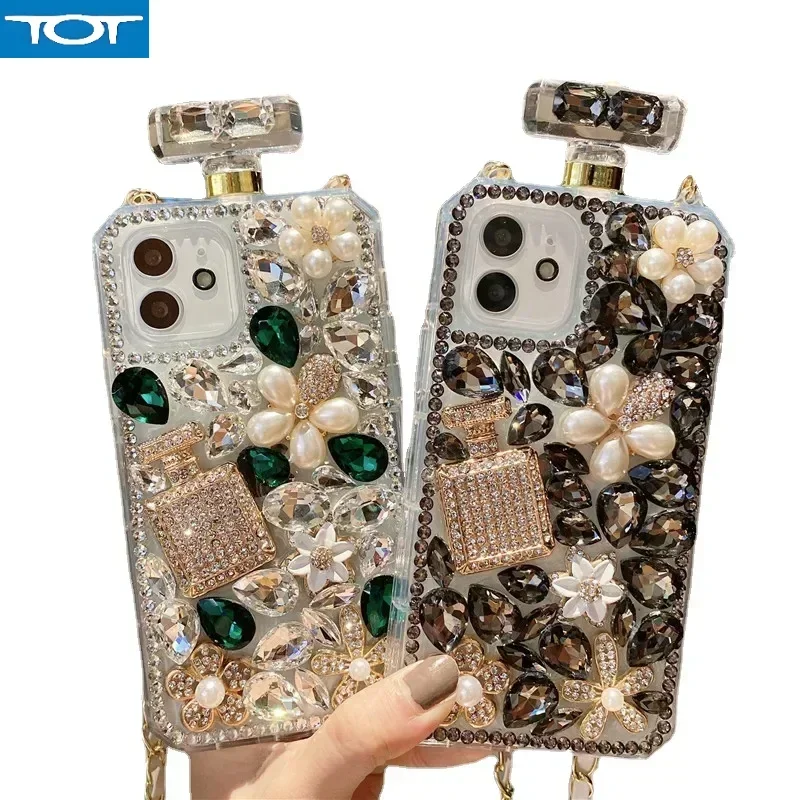 

For iphone16pro 15pro 14Pro 13pro 12pro 11promax Crossbody Rhinestone Perfume Bottle Shape Phone Case Pearl Crystal Flowers