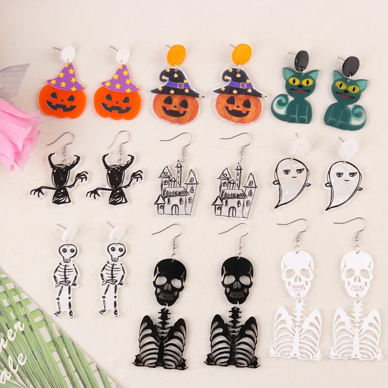 Halloween Multi Style Acrylic Dangle Earrings Pumpkin Witch Hat Ghost Skeleton Skull Haunted House Black Cat Spooky Oversized
