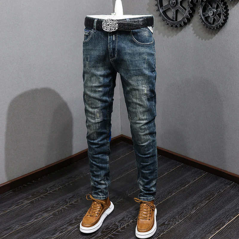 

Streetwear Fashion Men Jeans Retro Blue Elastic Slim Ripped Jeans Men Printed Designer Vintage Casual Stretch Denim Pants Hombre