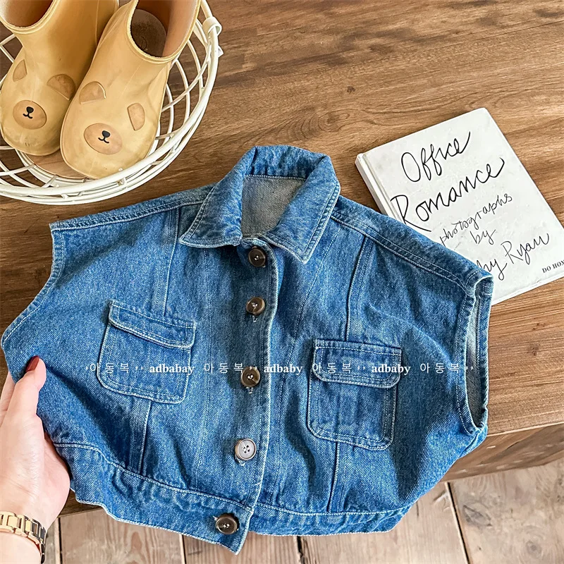 2024 New Spring Girls Denim Vest Fashion Children Sleeveless Coat Solid Baby Boys Denim Jacket Cardigan Kids Clothes