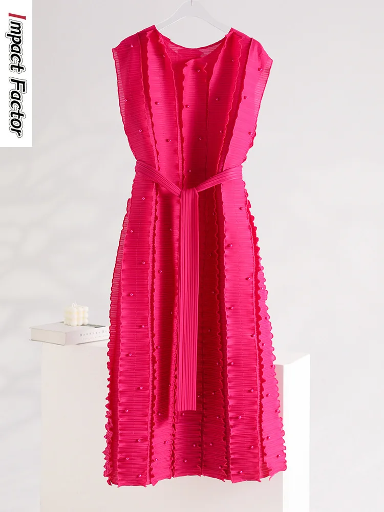 

Miyake Pleated Nail Bead Dress Wiomen's O-neck Sleeveless Solid Color Lace-up Gathered Waist Dresses 2025 Summer New