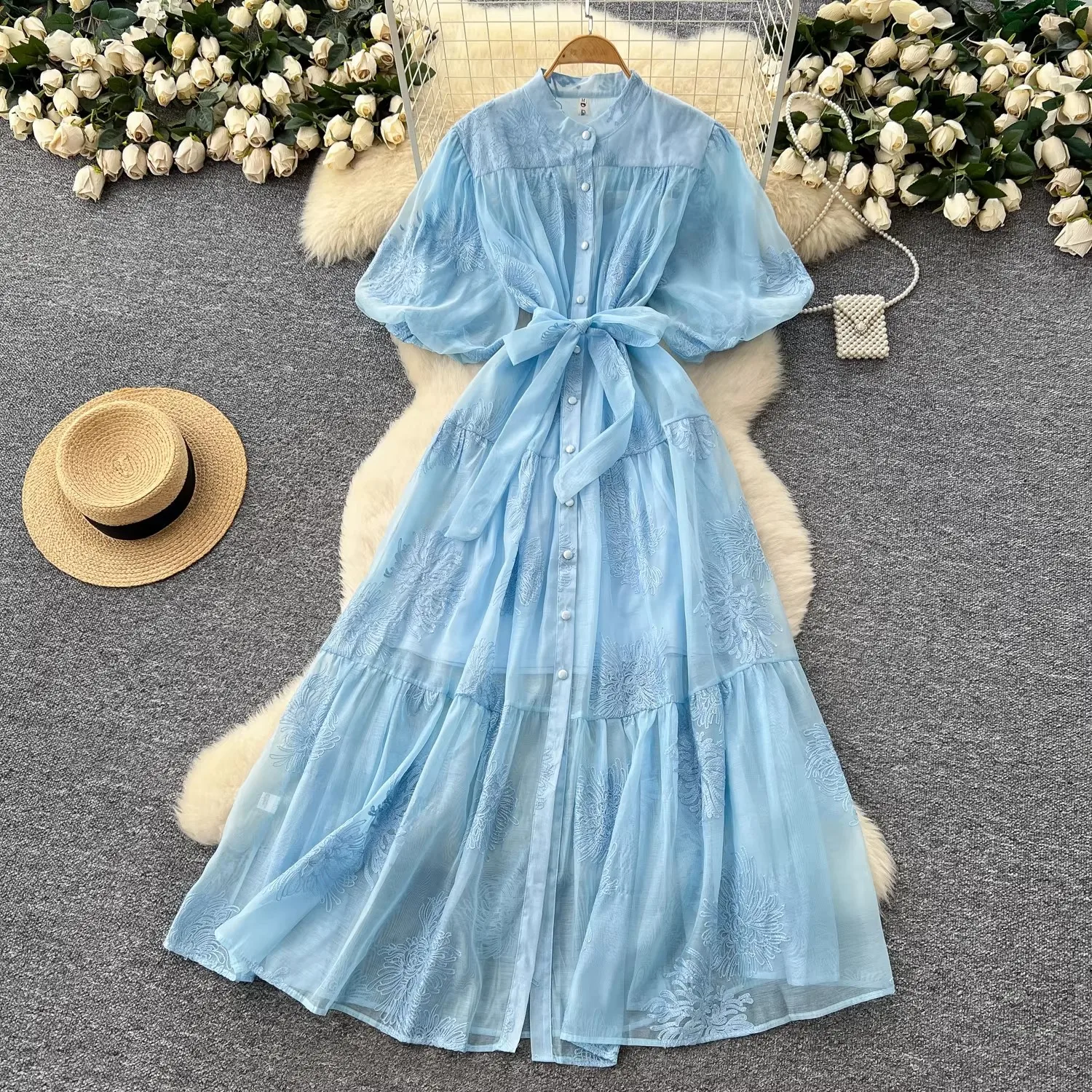 

New Fashion Embroidery Mesh Patchwork Long Dress Women Summer Elegant Stand Short Sleeve Lace Up Loose Robes Female Clothing