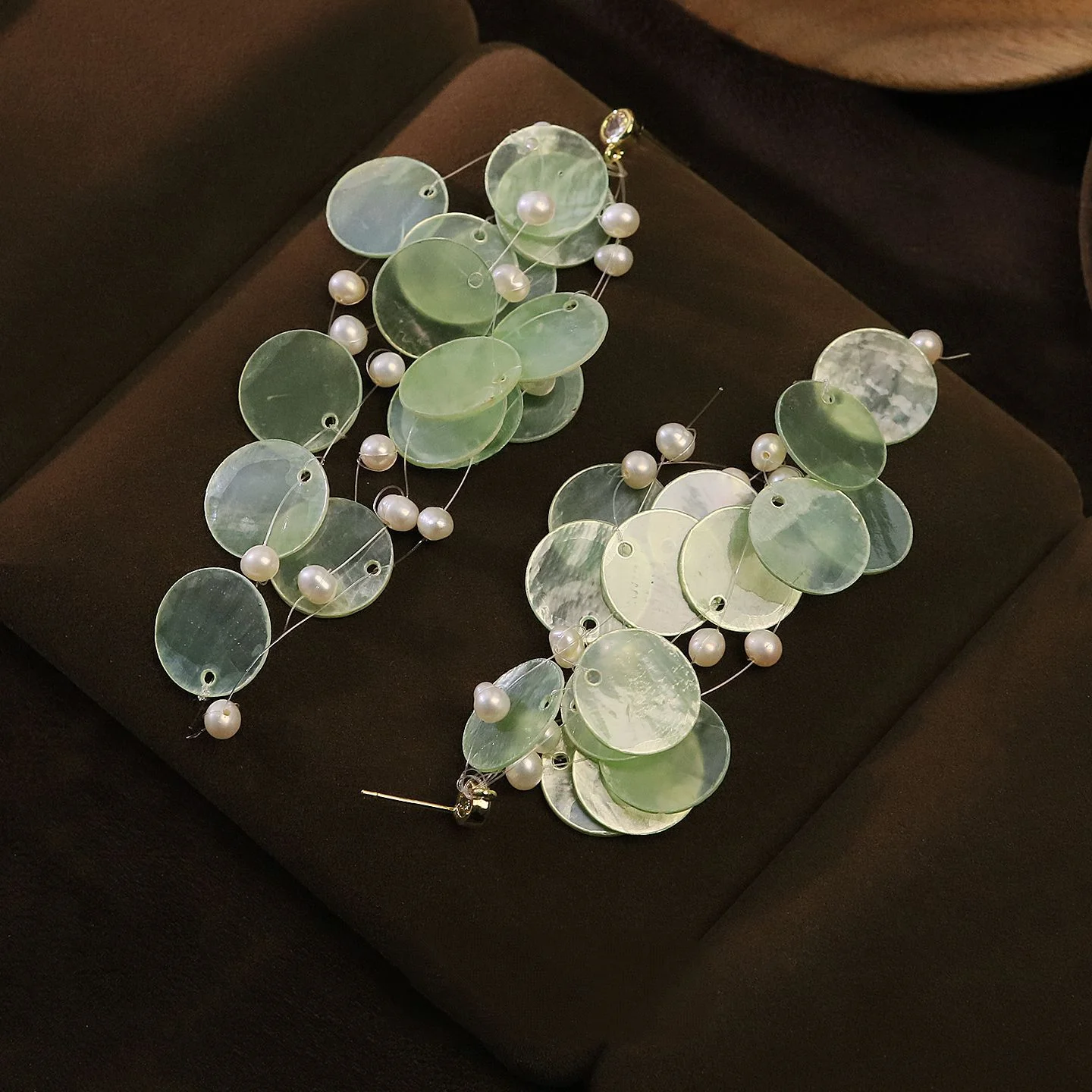 Elegant Statement Freshwater Pearl Green Shell Fishing Line Earrings for Women Charm Long Drop Earrings Fashion Jewelry Gifts