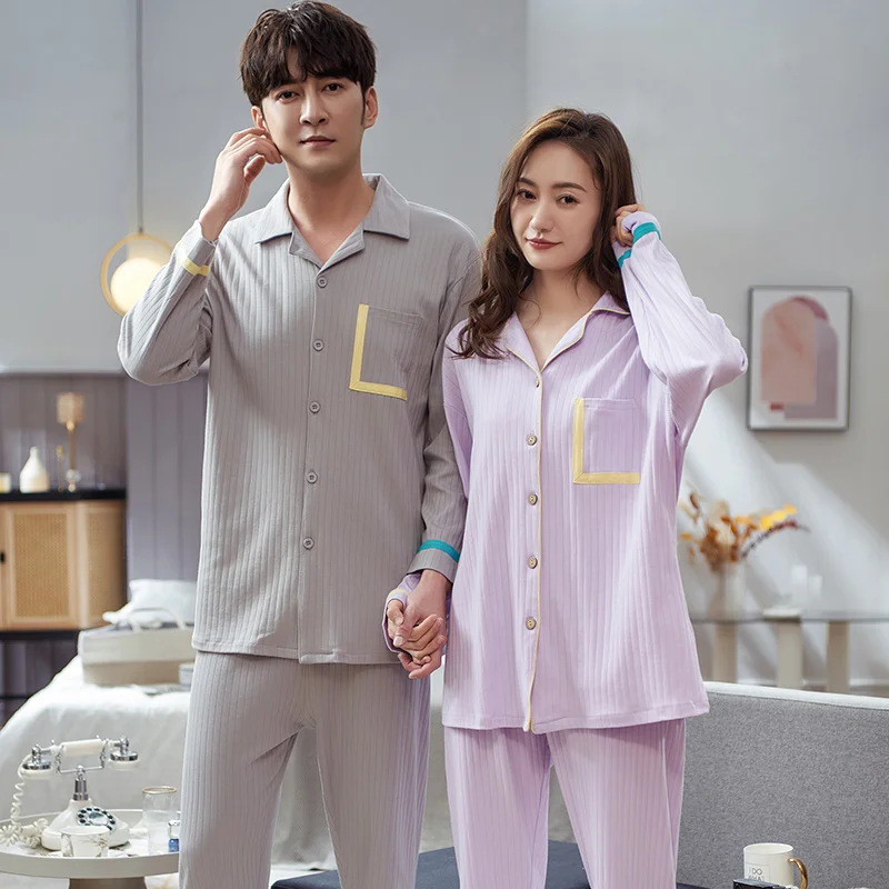 New Splicing Contrasting Colors Sleepwear Couples Pajamas Set For Mens Cotton Kimono Women Pyjamas Cozy Nightgown Home Clothes