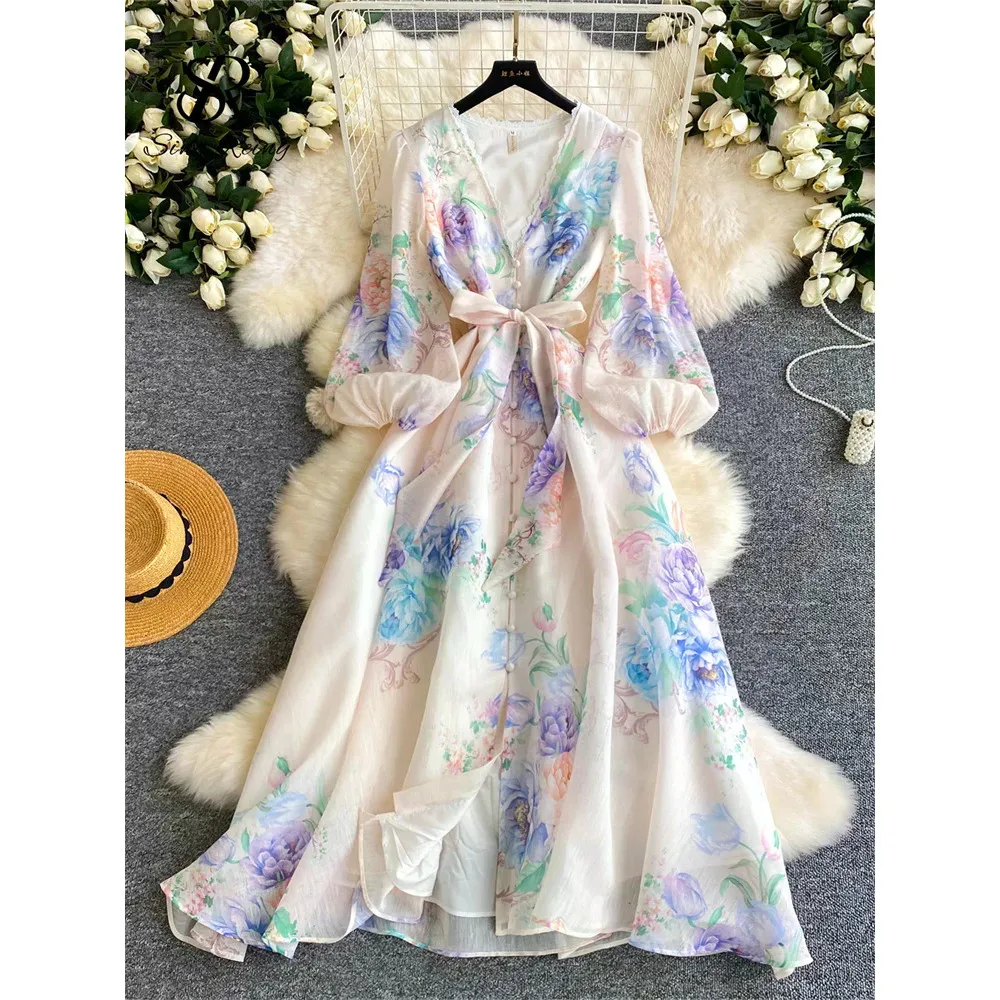 Singreiny Lace Chiffon Maxi Dress - A-Line, Lantern Sleeves, V-Neck, Spring Vacation Chic