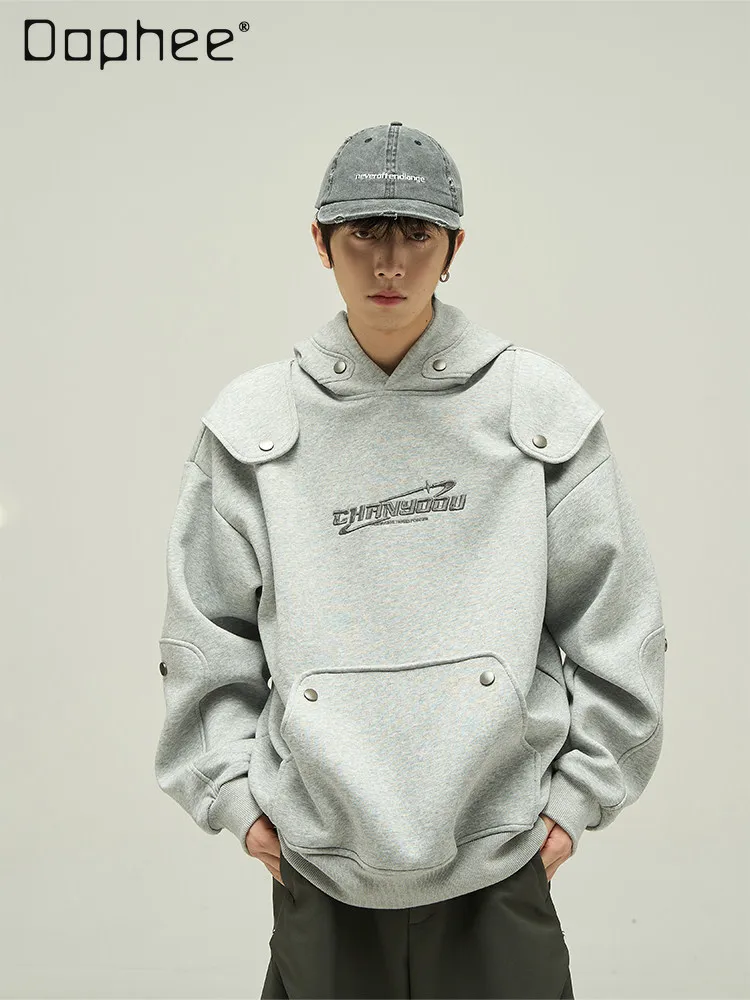 

Новая мужская толстовка с капюшоном в американском ретро-стиле, весна-осень 2026, с вышивкой букв, свободного кроя, серая, повседневная