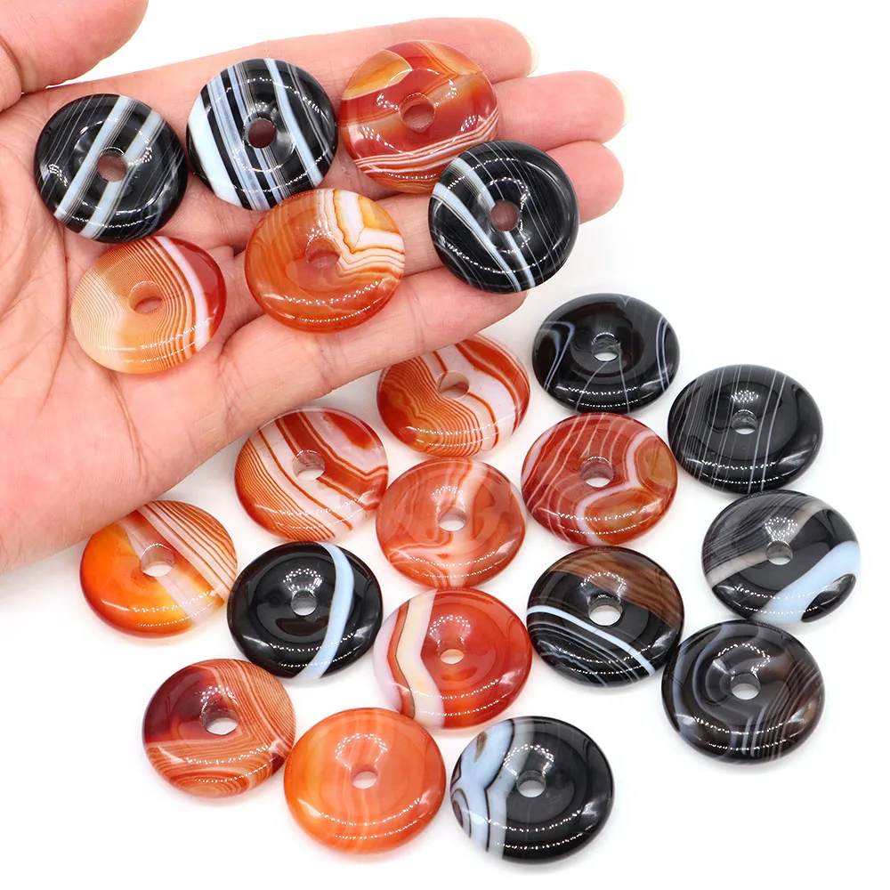 30mm Round Donut Natural Stone Black Red Striped Agate Crystal DIY Gemstone Handicrafts Accessories Meditation Lucky Decor Gift