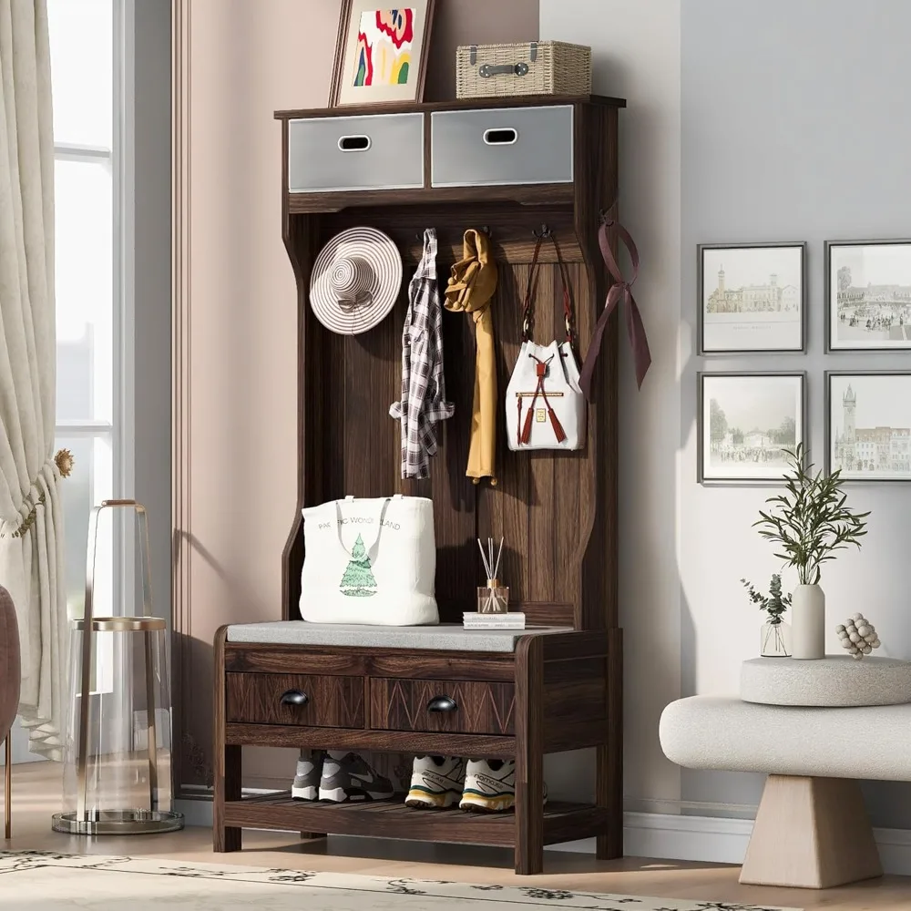 

33.5" Coat Rack with Shoe Storage and 2 Drawers, 3-in-1 Entryway Bench with Coat Rack and 2 Removable Boxes for Mudroom