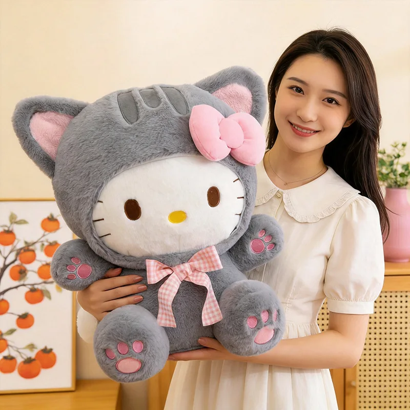 Image of 20/30/45/60CM Niedliche Graue Katze Hello Kitty Plüschpuppe mit Kariertem Schleifendesign KT Stofftier Weiches Kissen Heim- und Raumdekoration Geburtstagsgeschenk