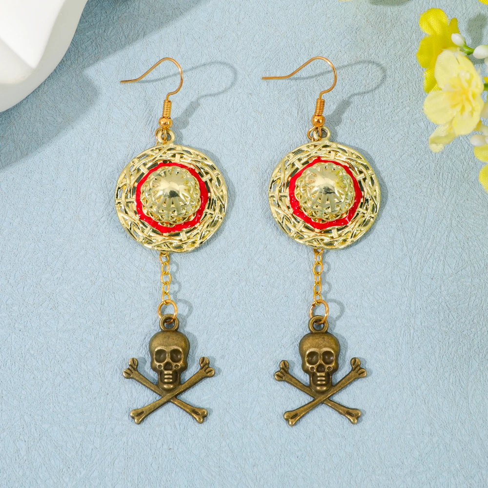 One Piece Luffy Anime Skull Dangle Earrings Vintage Gothic Retro Metal Drop Earrings for Women Punk Style Jewelry Gift view 3