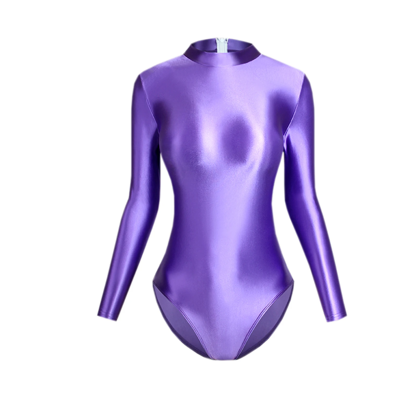 مثير لامعة المرأة قطعة واحدة ملابس السباحة حريري لامعة طويلة الأكمام البريدي الظهر عالية شوكة الجوارب يوتار ملابس السباحة