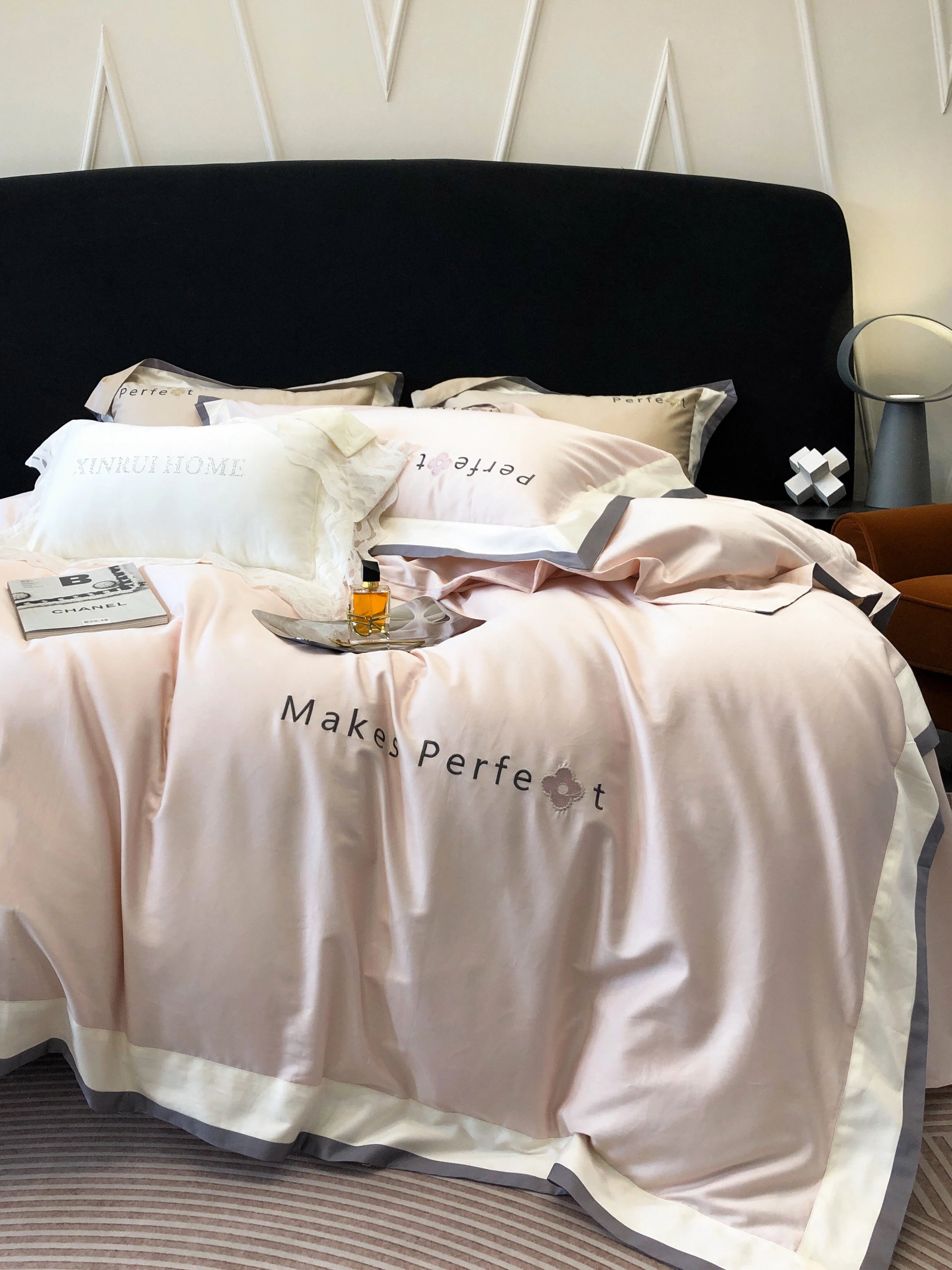 100% Pure Cotton Bedding Set Queen King Size, Luxury Letter Embroidery Duvet Cover Set, Contrast Color Edge Bed Linen 4Pcs