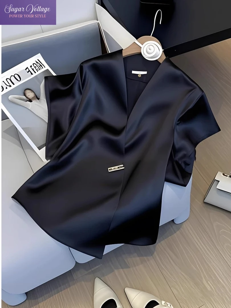 

Luxury Summer Satin Blouse Women Elegant V Neck Short Sleeve Loose Shirt Office Lady French Chic Solid Tops for Work Casual Wear