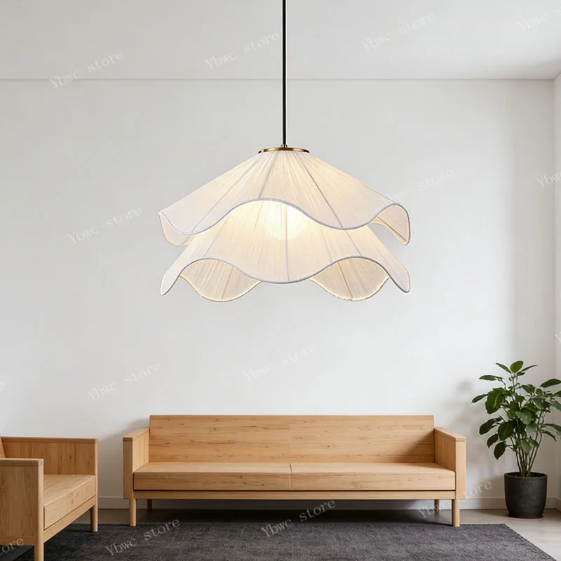 Nordic Cream Wind Pendant Light LED Warm Light Cloth Chandelier Home Decoration Living Room Dining Bedroom Height Adjustable