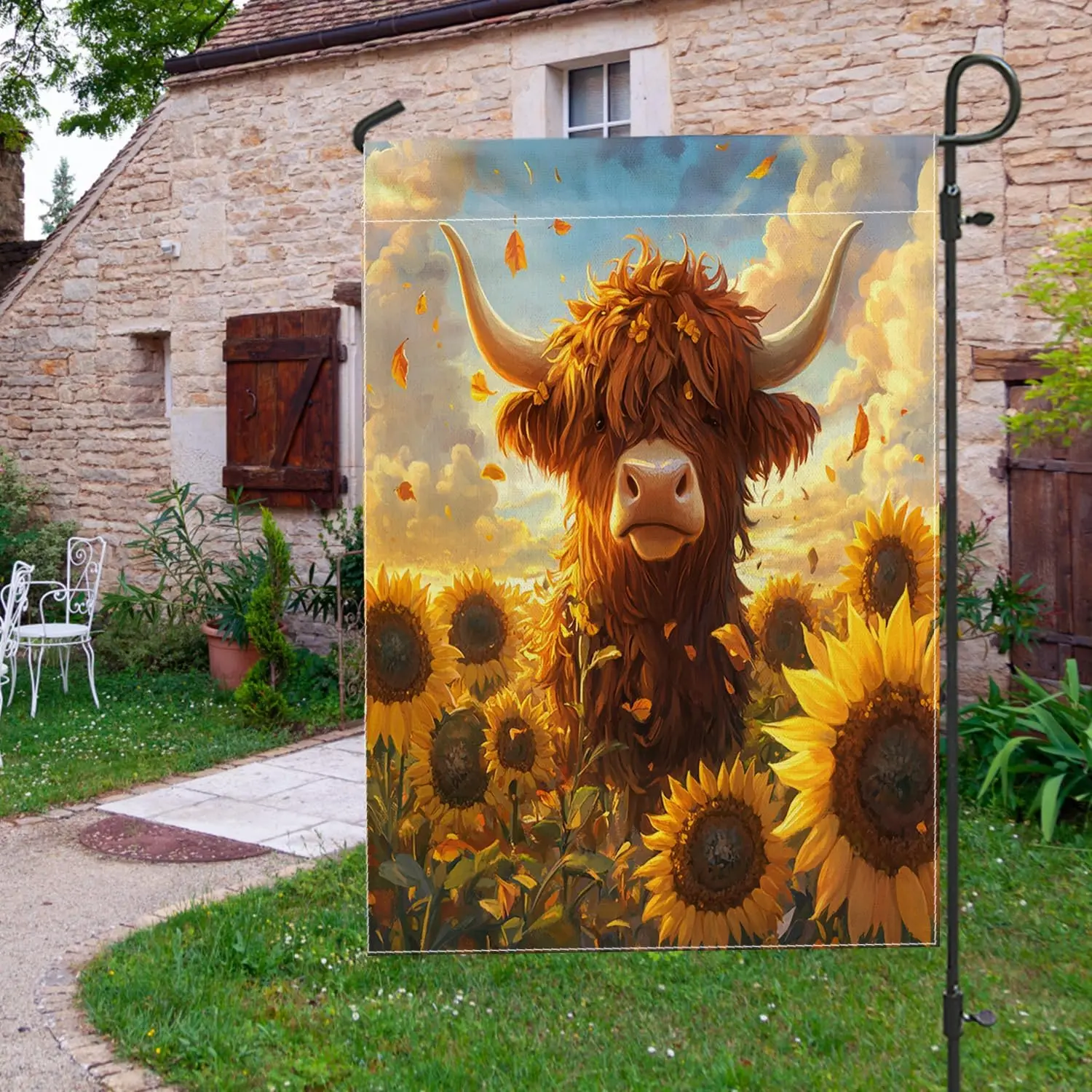 Farmhouse Fall Highland Cow Garden Flags 12x18 Inch for Outside, Autumn Fun Sunflower Standard Vertical Linen Flags for Hous uui