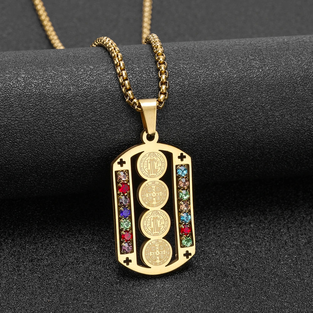 Stainless Steel Saint Benedict Medal Pendant Jewelry Cross border New Product Hip Hop Round Coin Inlaid Diamond Necklace