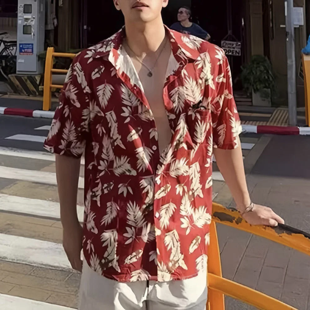 

Mens Casual Shirts 2024 Summer New Fashion Cuban Collar Large Size Shirts Short Sleeves Retro Seaside Beach Vacation Mens Tops