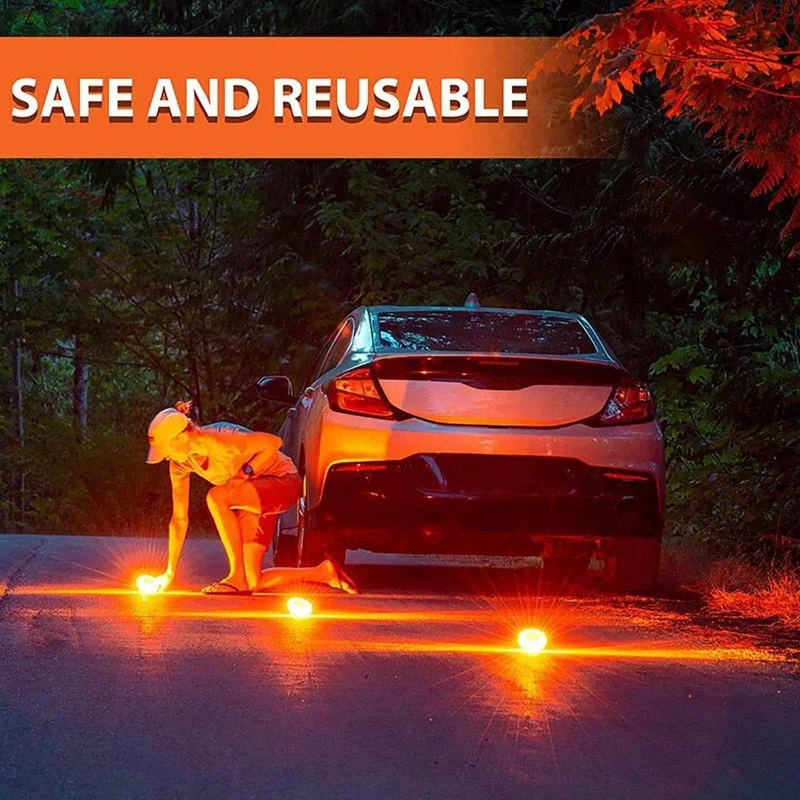 Picture 7: 3 Pack LED Road Flares Flashing Emergency Warning Light Help Flash Waterproof Roadside Safety Disc Magnetic Base Flashing Flare