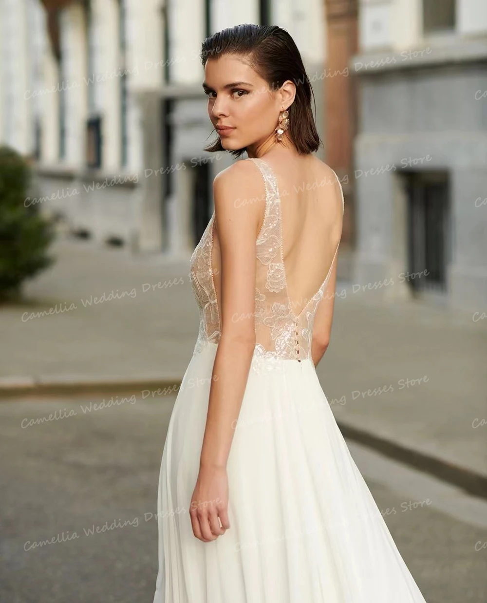 Illusion abiti da sposa con scollo A V A Line abiti da sposa Sexy senza schienale senza maniche pizzo formale eleganti abiti da festa principessa