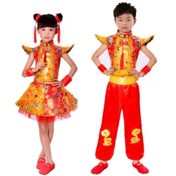 Kinderen Dragon Yangko Volksdans Kostuums Moderne Hanfu Meisjes Jongens Leeuw Nationale Wushu Kung Fu Chinese Traditionele Dans Kostuum