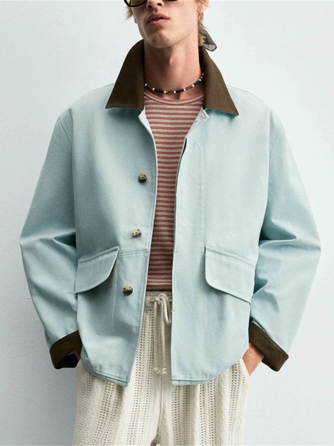 

Faionable Casual Loose Color Blo Collar Jaet Men's Autumn New Arrival with kets Outerwear Long Sve Urban Sle