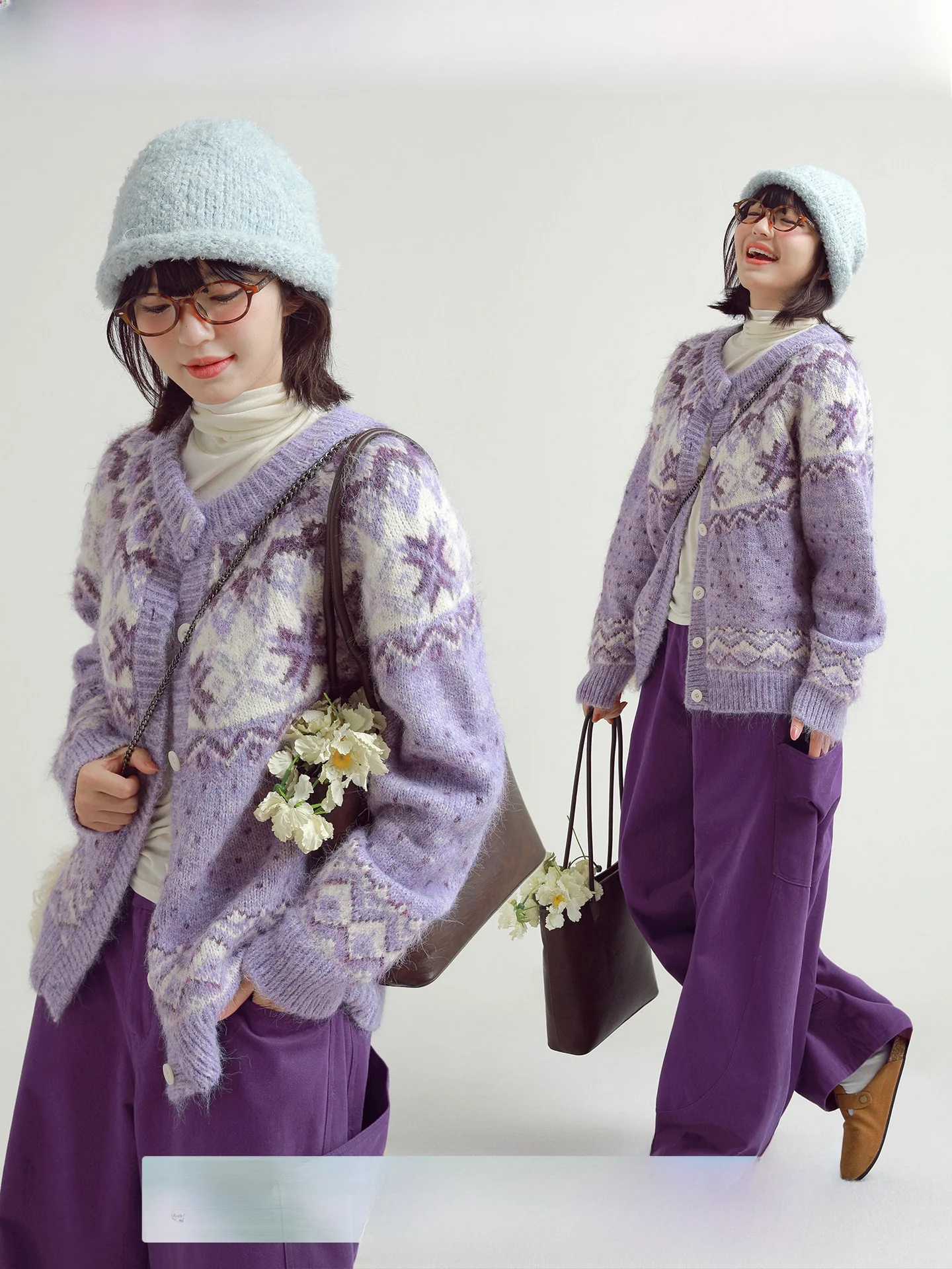 

Thiened Purple Fair Isle Knitted Open Cardigan Women's Autumn Winter Lazy Sle Sweater Jaet Soft Polyester Blend Long Sl...