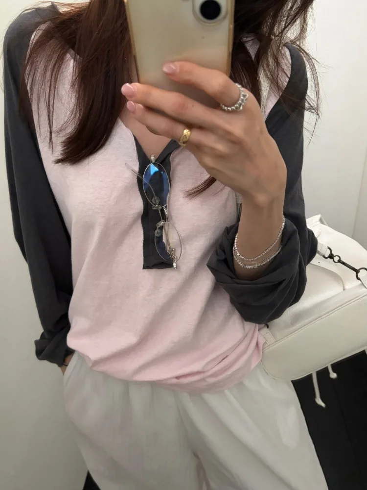 Fashionable Knitted Long Sleeve T-Shirt Women's Chic Color Block Korean Style Top for Initial Autumn Versatile And Youthful