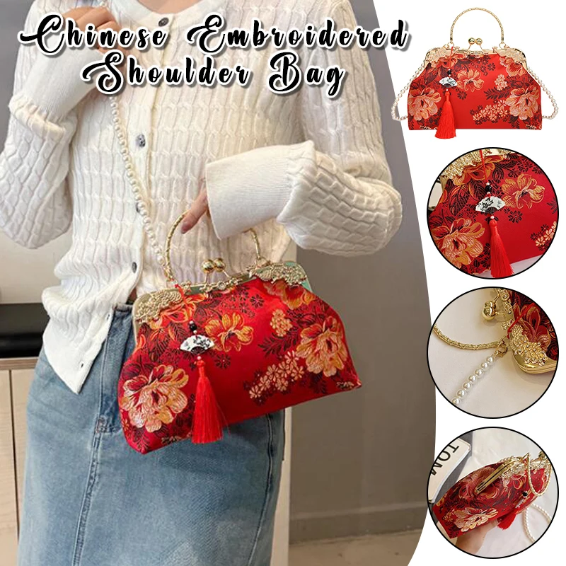 

Chinese Cheongsam-Style Embroidered Shoulder Bag with Snap Buttons & Pearls Bridal Wedding Handbag for Women Gift
