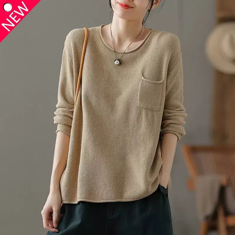 

Autumn and Winter Versatile Commuting Women's Clothing Splice Pockets Round Neck Long Sleeves Solid Color Oversized Pullover