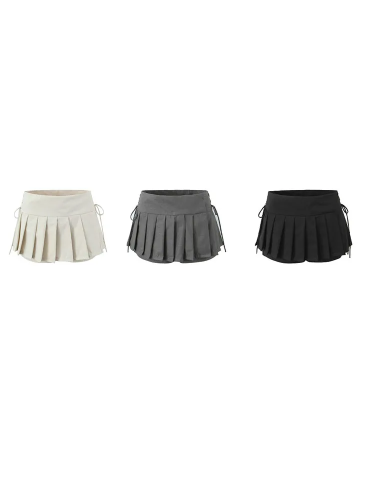 

2024 French Korean safety pants design with bow ties on both sides, college style, slim a-line pleated short skirt for women