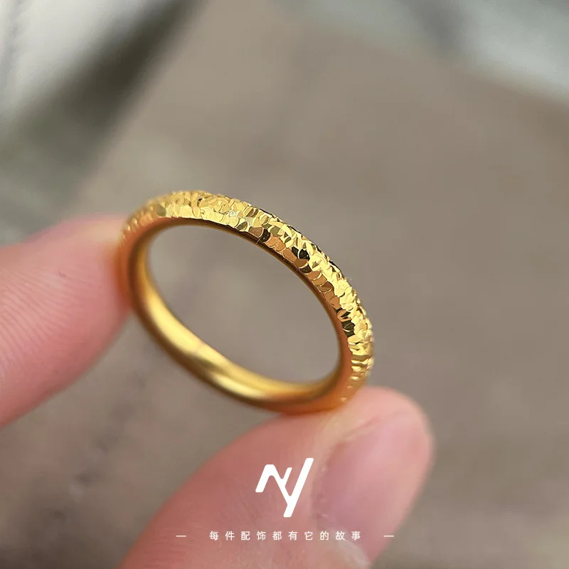 Women's 9999 24K Real Gold Light Luxury Design CNC Sparkling Crushed Ice Ultra-fine Ring Ring