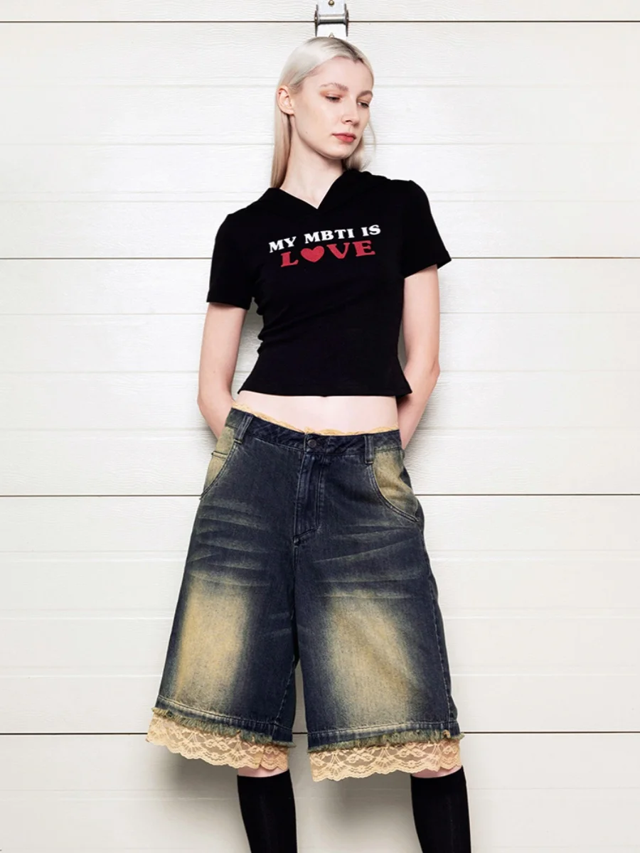 

Retro Waed Denim Lace Patchwork Seven-Foot Pants Women's Loose Fit Summer Jeans Blue Denim l Waist Zipper Closure