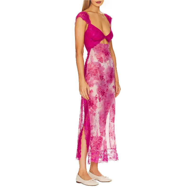 ASDS-Donna Abito lungo in rete patchwork di pizzo Stampa floreale Ritaglio Collo a cuore Spacco senza schienale Abiti lunghi estivi Y2K