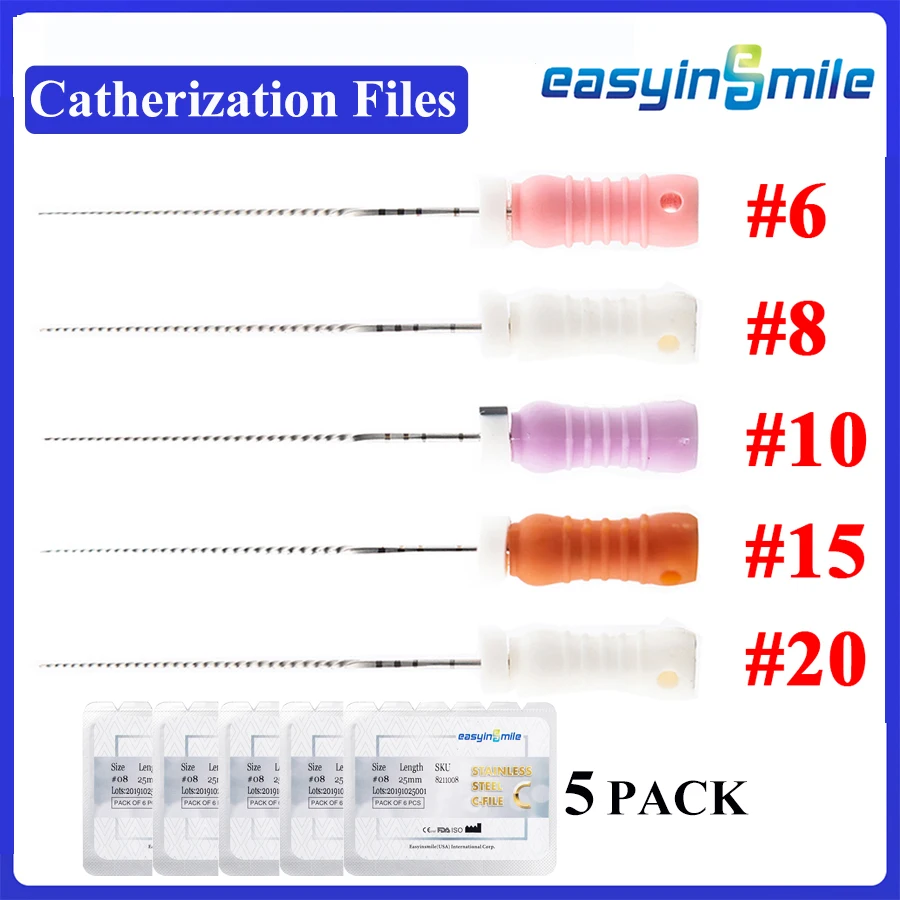 5PKs (6PCS/Pack) Dental Endo Catherization Files 25mm Endodontics Root Canal File Hand 8# 10# Stainless Steel C- Files Tips