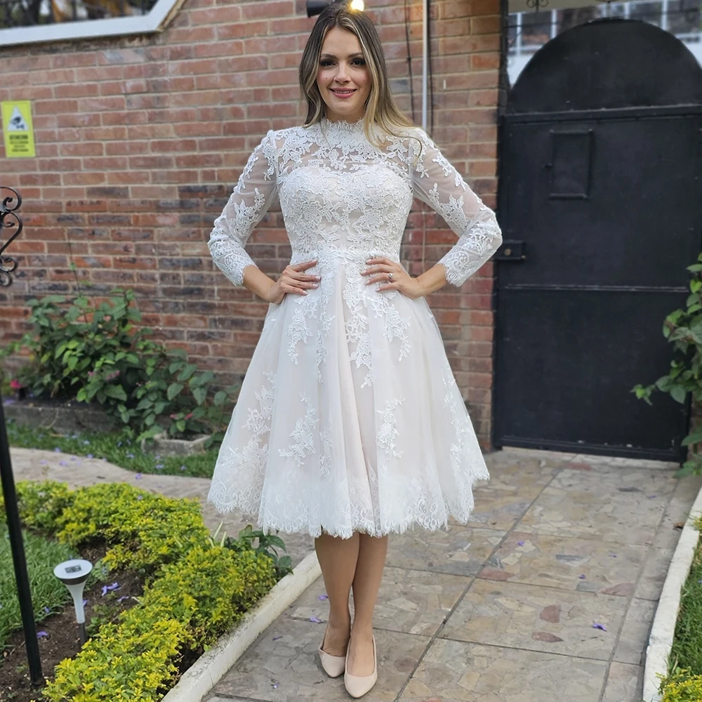 

Customized Vintage Wedding Party Dress Midi Applique Luxury Wedding Gowns for Women Lace Long Sleeve Backless Modern Bridal Gown