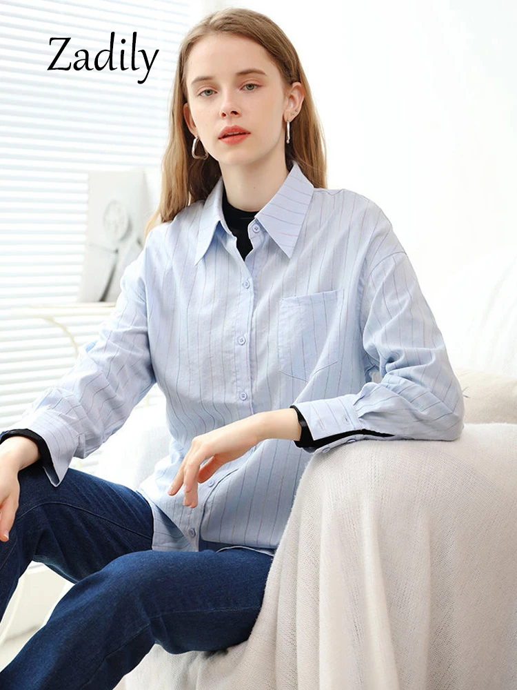 Zadily 2024 Frühling Büro Dame Langarm Frauen Basic gestreiftes Hemd minimalist ischen Button-up Damen Arbeits hemden weibliche Bluse Tops