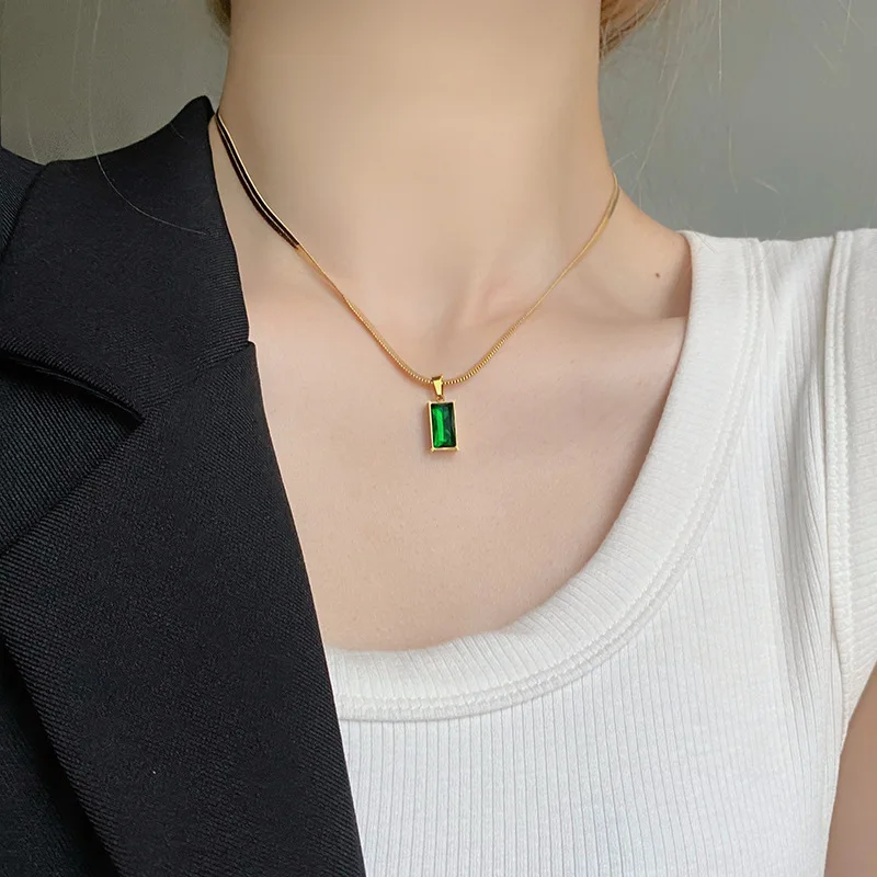 AKOL 316L Stainless Steel Rectangle Green Crystal Zircon Pendant Necklace Earrings For Women Fashion Party Jewelry Set image 5