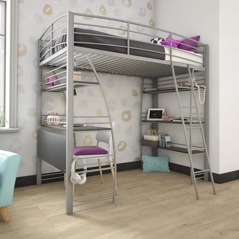 Studio Loft Bunk Bed Over Desk and Bookcase with Metal Frame - Twin (Gray)