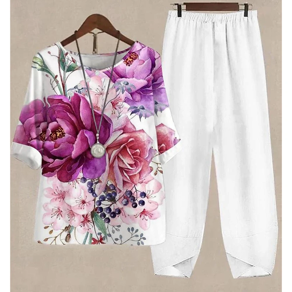 Fall New Floral Print Element Short Sleeve Pants 2-Piece Breathable Traf 2023 Woman Vintage Middle-Aged Button T-Shirt Summer